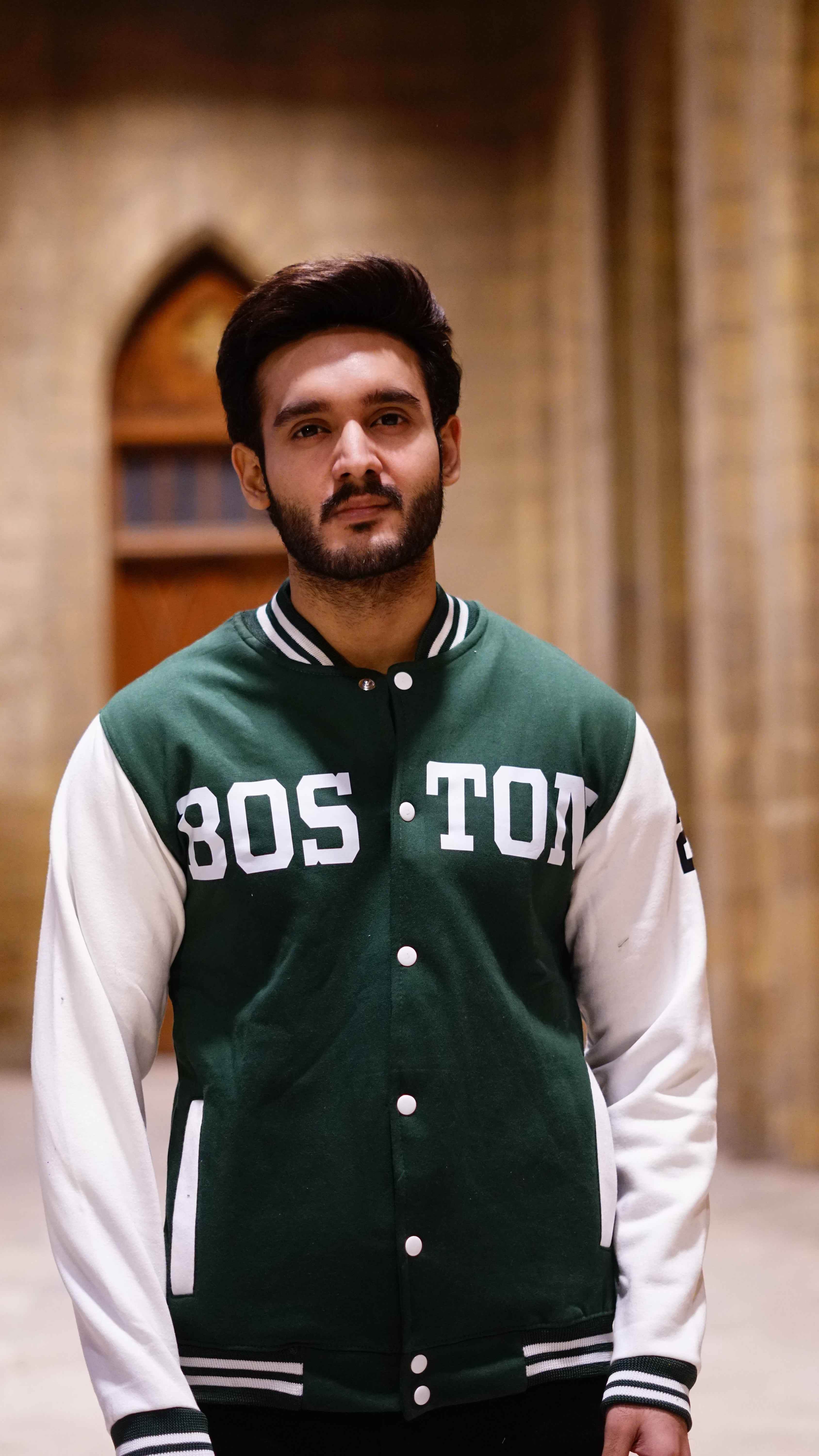 Green and white boston printer baseball jacket - Image 3