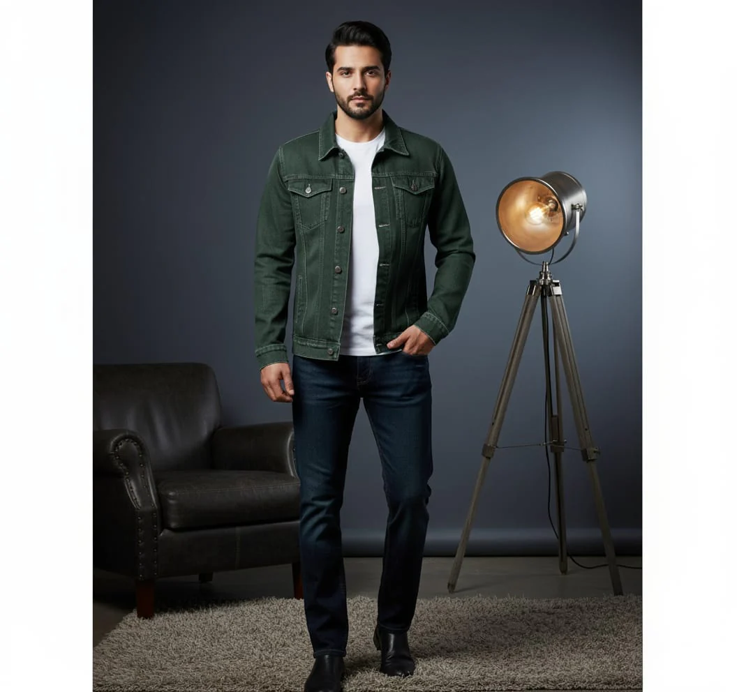 Olive green denim jacket export quality green - Image 3
