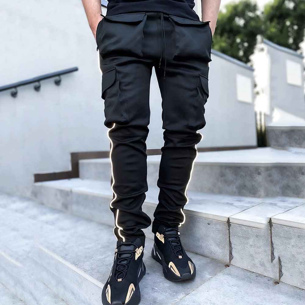 Black cargo pants white stripe hip hop mens - Image 3