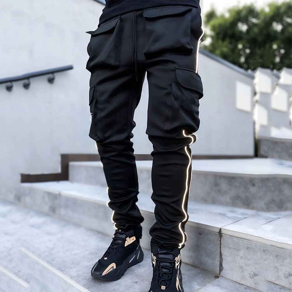 Black cargo pants white stripe hip hop mens - Image 4