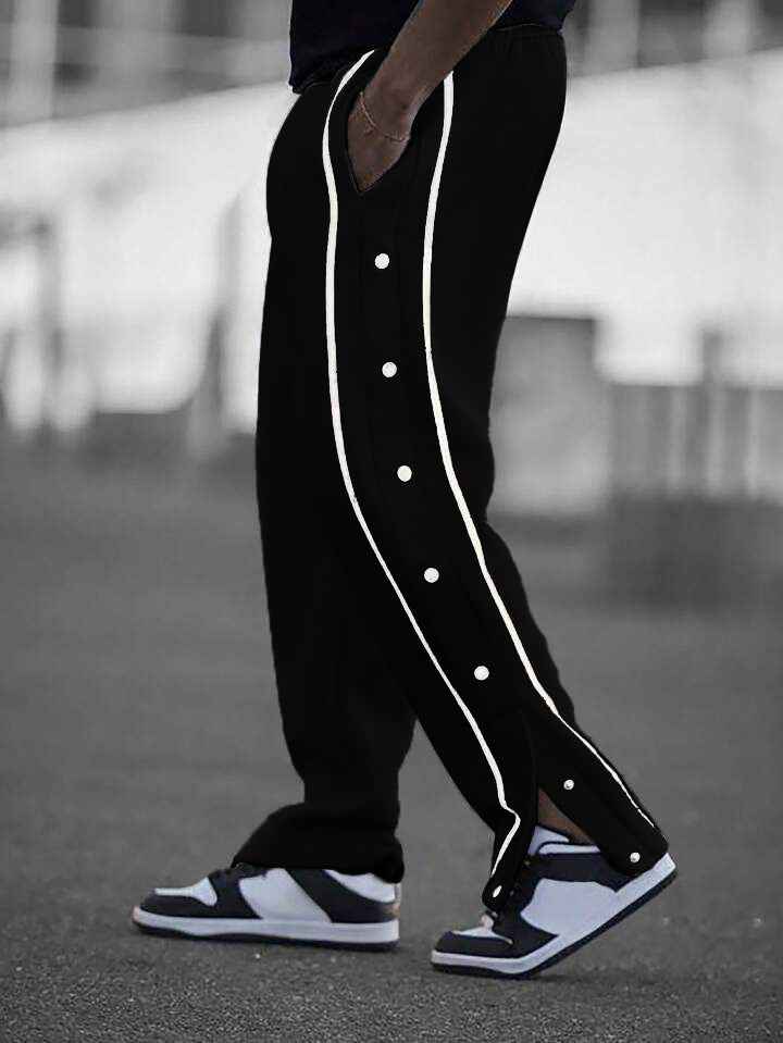 Manfinity Men Contrast Tape Button Side Drawstring Waist Sweatpants Black - Image 6