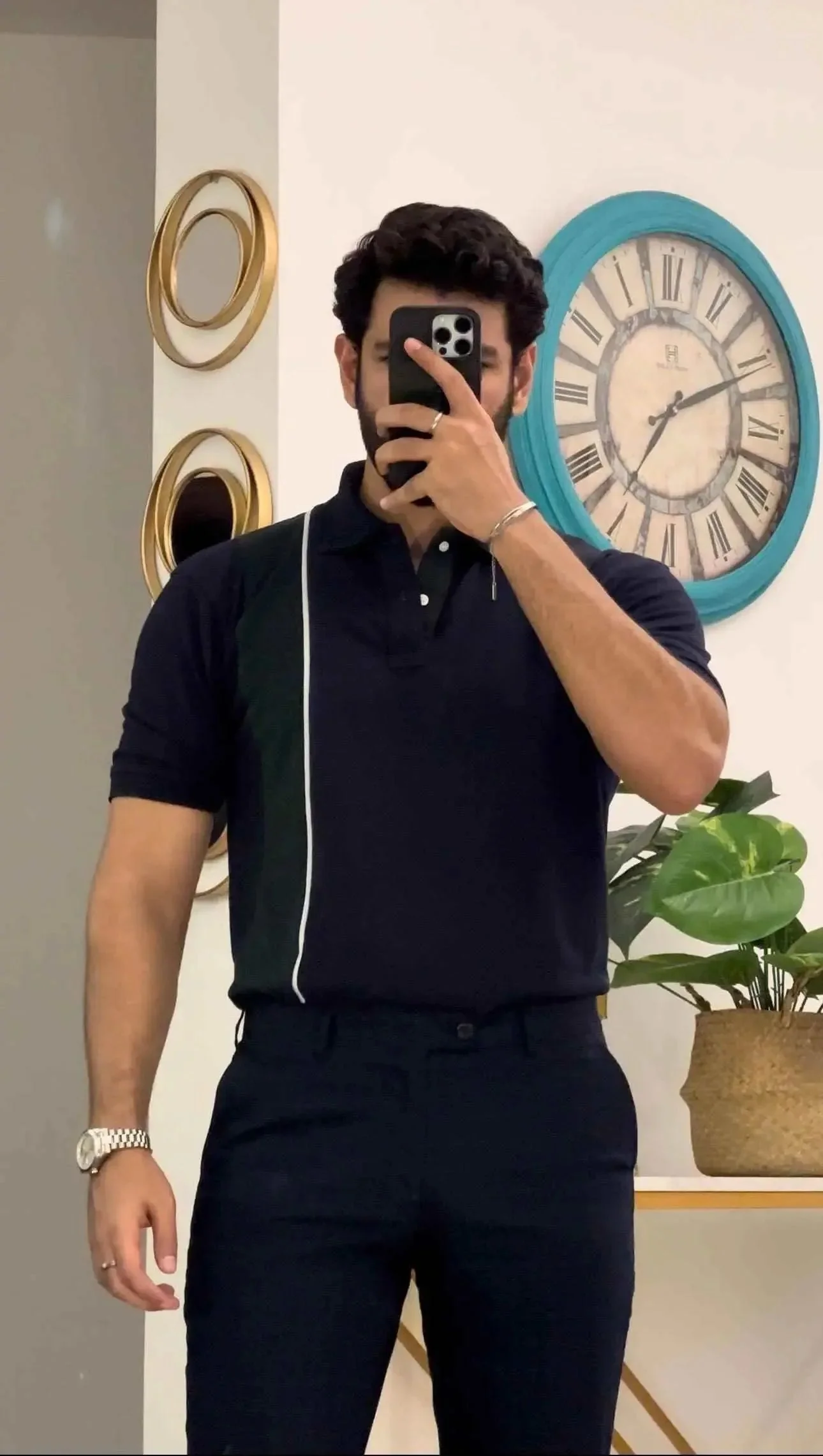 Navy blue polo shirt green stripe menswear - Image 3
