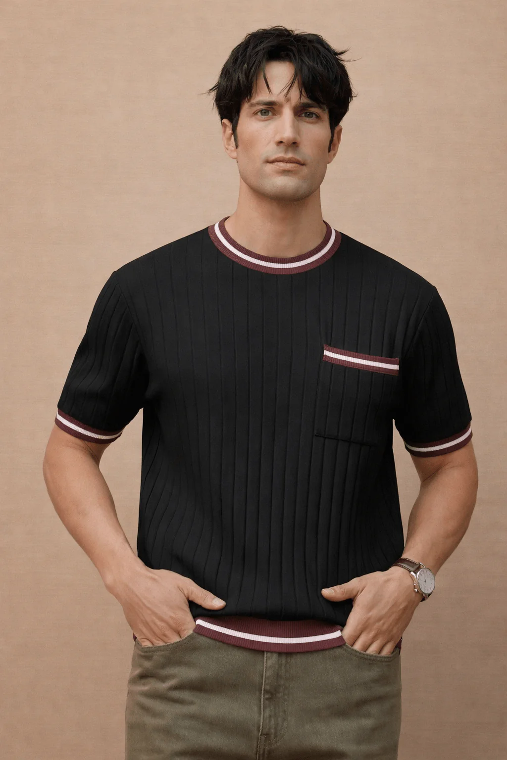 Slim Fit Ribbed Knit T-Shirt for Men – Premium Fabric - Image 3