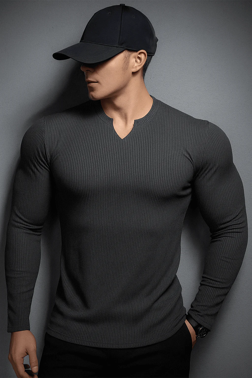 V Shaped Crew Neck Long Sleeves Knitted T-Shirt - Image 3